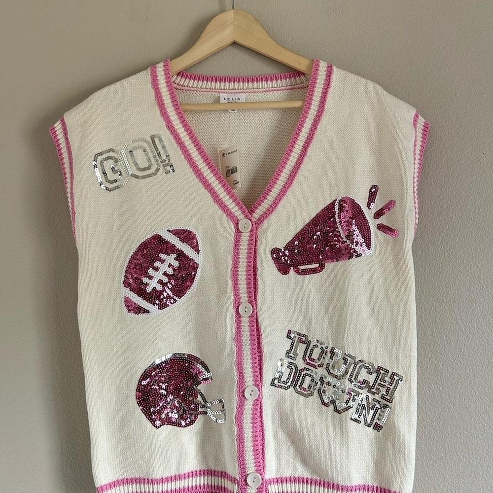 NWT Le Lis Touch Down Football Sweater Vest Small | Sequin Game Day MC2-3